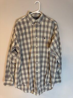 Ralph Lauren Men's Plaid Button-Down Shirt in Beige and Gray